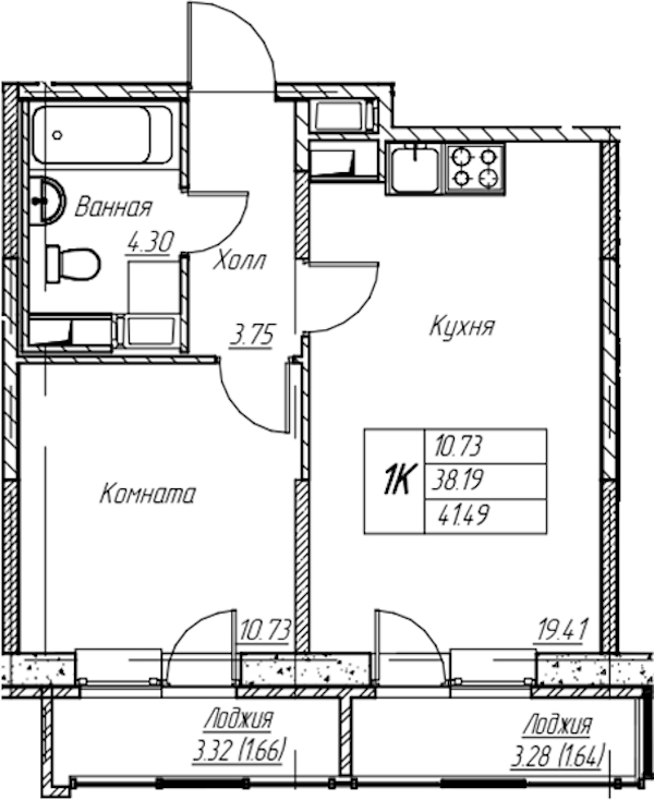 1-комнатная квартира 41.49 м², 16/22 эт., ЖК «Парк-квартал Юнтолово»
